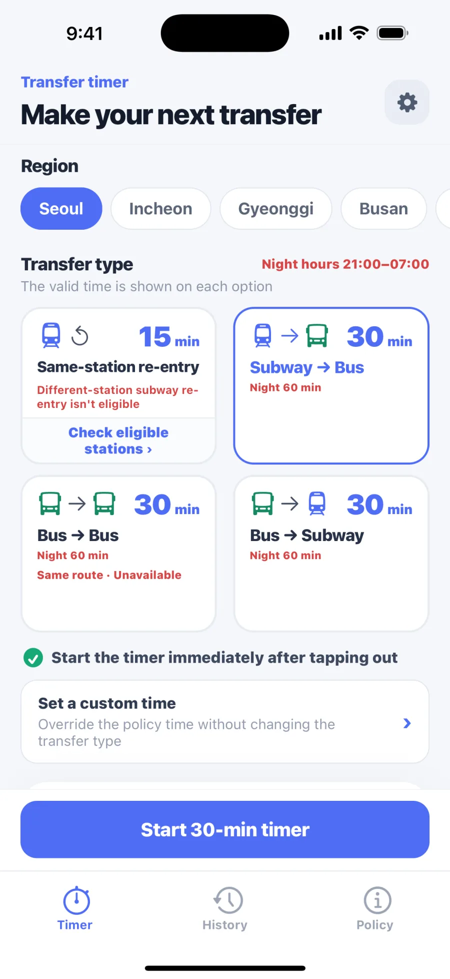 Regional transfer timer